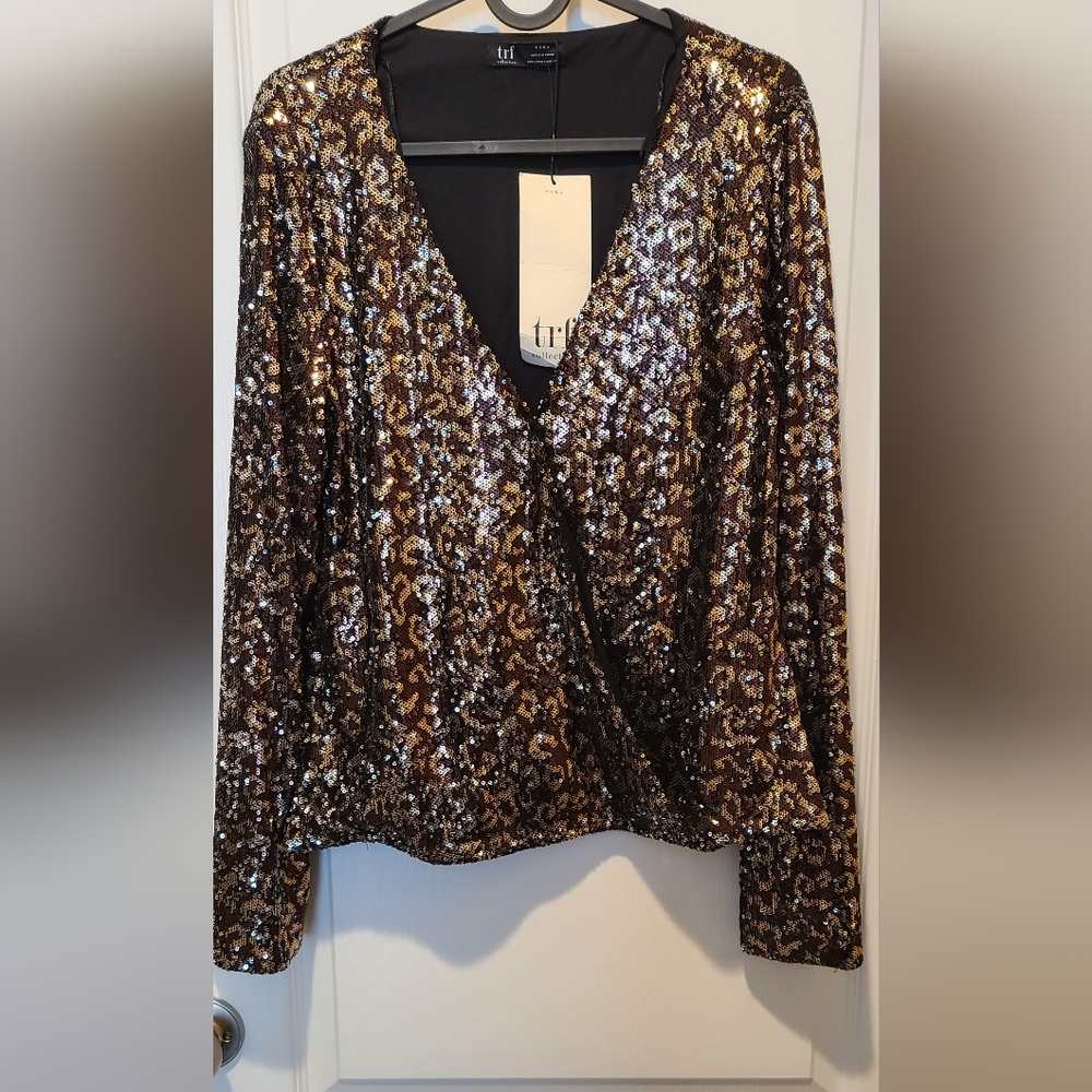 Zara TRF Collection Brown Animal Print Sequin Top | NWT | Large